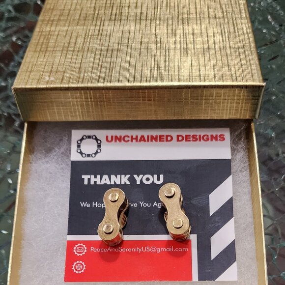 Biker Chain Stud Earrings for Cyclists / Bikers Gold Handmade Craft Jewelry - Picture 2 of 3